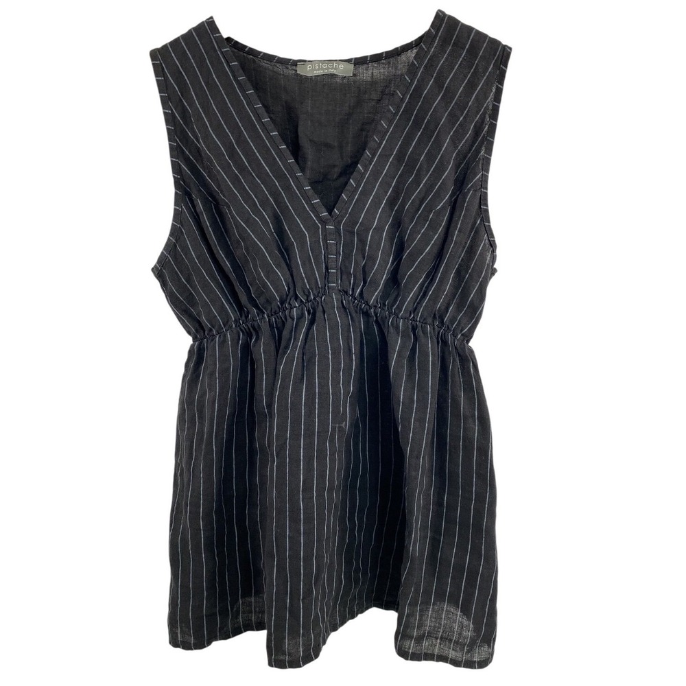Pistache Tunic Top Womens Large Black White Stripe Linen Sleeveless Made Italy